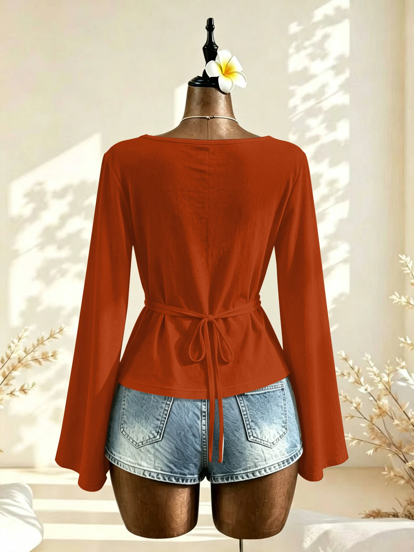 Women Boat Neck Flare Long Sleeve Side Ruched Fitted Casual Blouse Slim Fit Basic Top