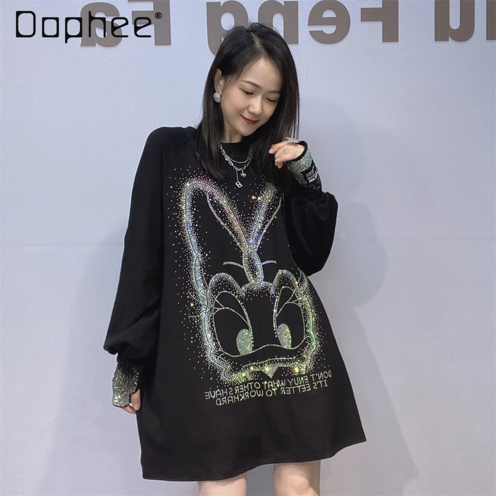 

Black Oversized T-Shirt Women 2025 Autumn New Rhinestone Cartoon Duck T-Shirt Women Round Neck Long Sleeve Korean Style Top