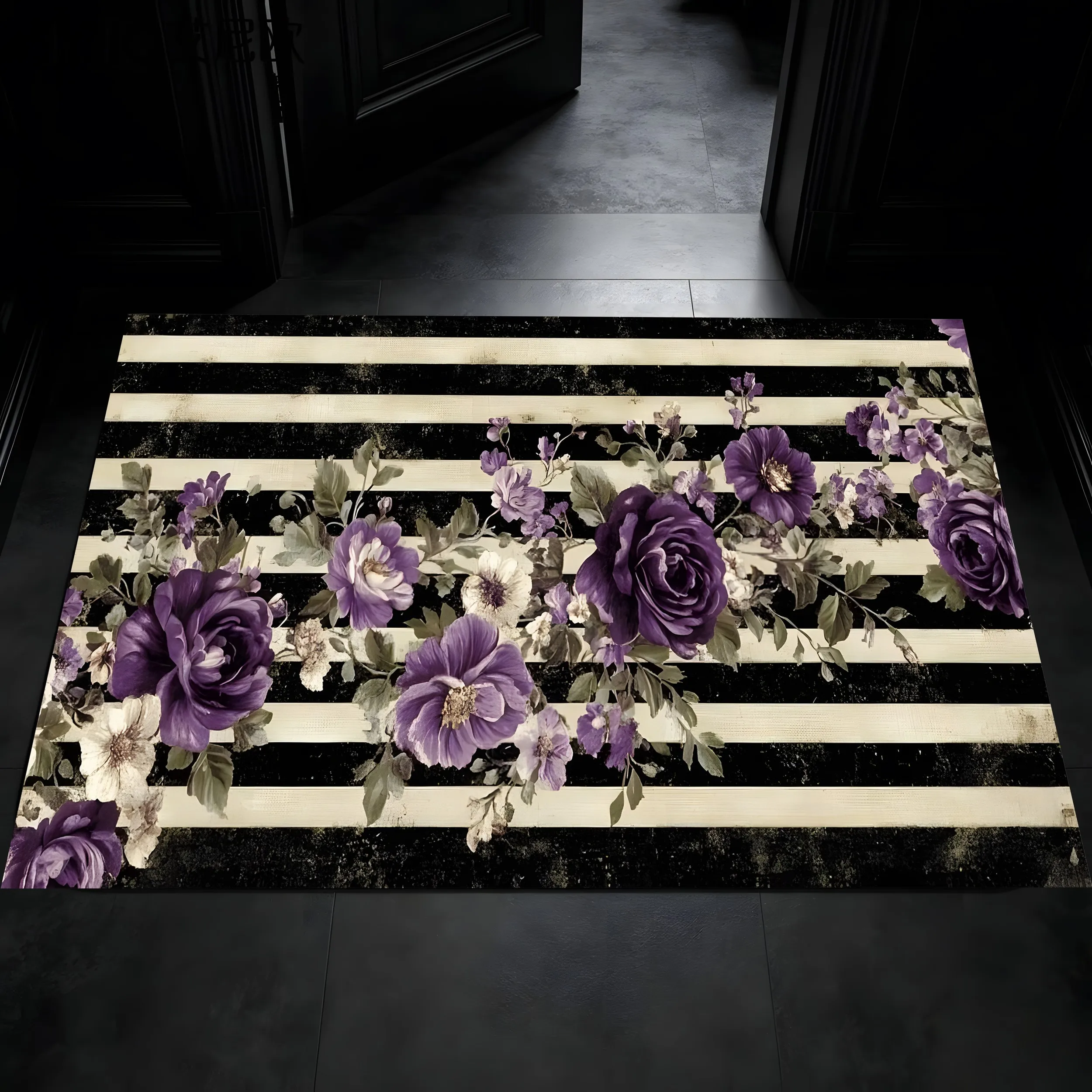 Purple Rose Striped Print Vintage Velvet Rug for Valentine's Day Housewarming Living Room Bedroom Entryway Elegant Decor