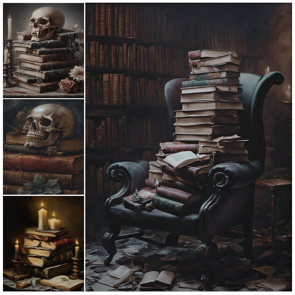 Skull On Stack Of Books, Dark Gothic Wall Art,Witch Hat On Stack Of Books, Canvas Print,Victorian Dark Academia,Art Poster Print