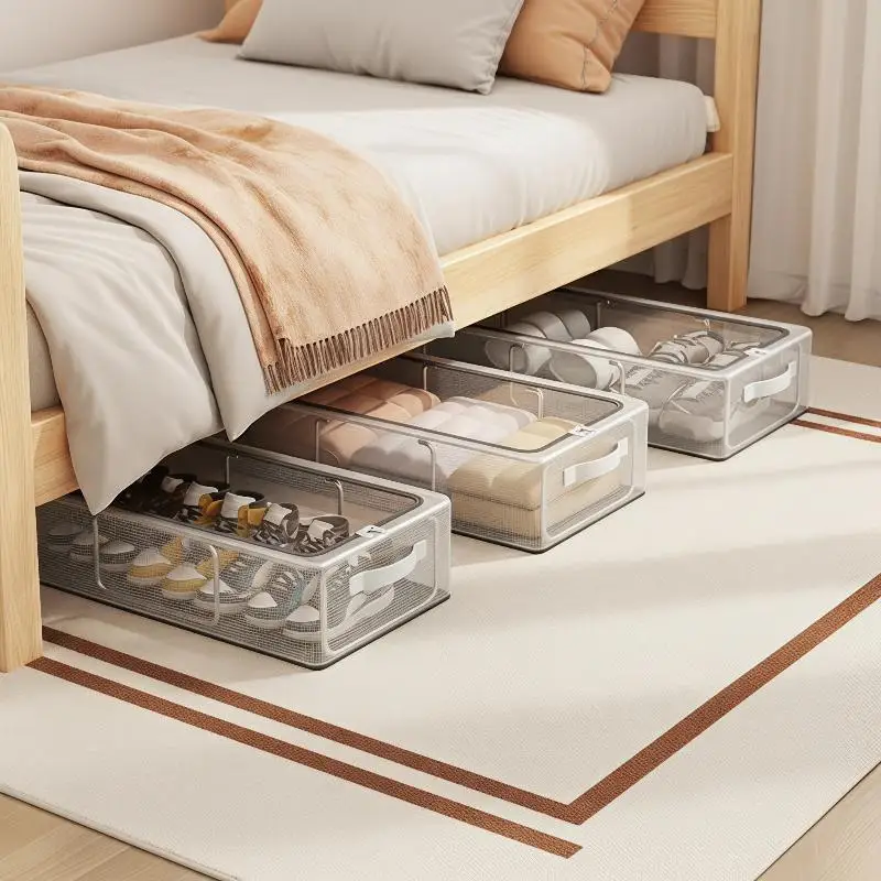 Under Bed Shoe Storage Box Foldable Transparent Dustproof With Handles Stackable Condo Organizer Transparent Thick Storage Box