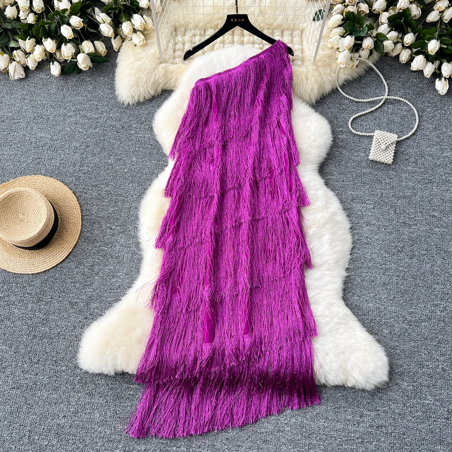 

Chic Elegant One Shoulder Asymmetric tassels Dress Beach Vacation Party Diagonal Collar Women Summer Vestidos dresses