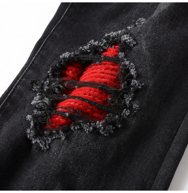 Herren Rote Rissige Plissierte Patchwork-Biker-Jeans Streetwear Stretch-Denim-Hose Skinny Tapered Schwarze Hose – Detail 10