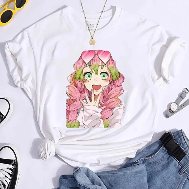 Camiseta estampada Kanroji Mitsuri feminina, gola redonda, streetwear aconchegante de manga curta, moda casual, camiseta Harajuku, verão, nova