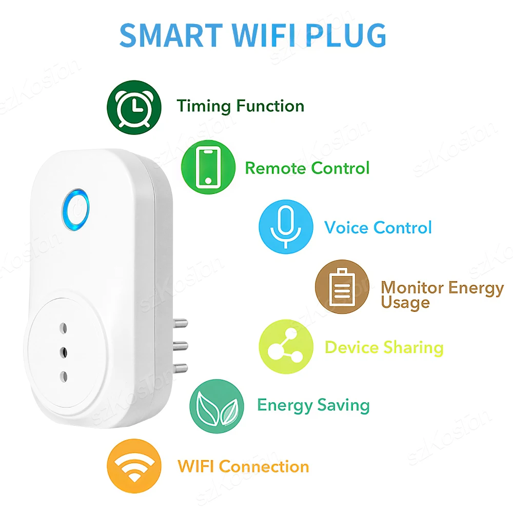 16A Chile Italy Wifi Smart Socket Tuya Smart Life APP Wireless Smart Plug with Power Monitor Timer Voice Works with Alexa Google