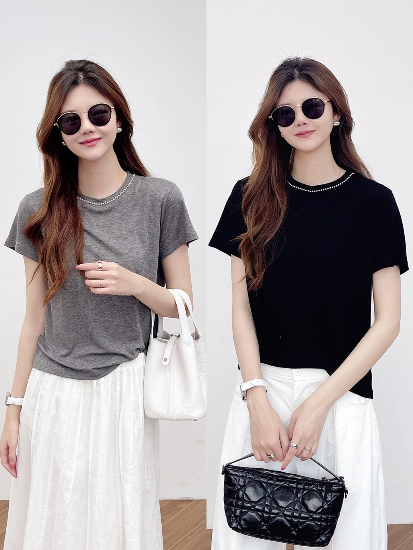 

Высокоэластичная футболка с круглым вырезом, украшенная жемчугом и пуговицами, в корейском стиле, из шелка и шерсти, приятная к телу, повседневный стиль, женская.