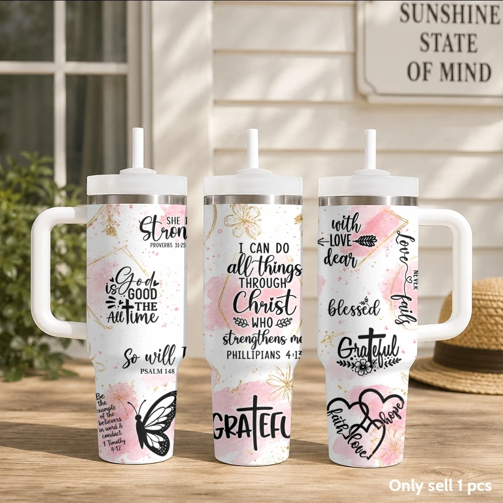Faith Over Fear Vacuum Flasks 40oz Stainless Steel Insulated Tumbler with Handle & Straw Leakproof Travel Mug