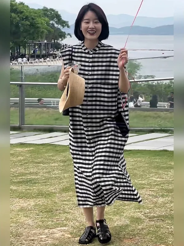 Ele Vintage Plaid été Svel fendu longue Dr vêtements pour femmes trajet Sle taille ample a-ligne jupe Dr