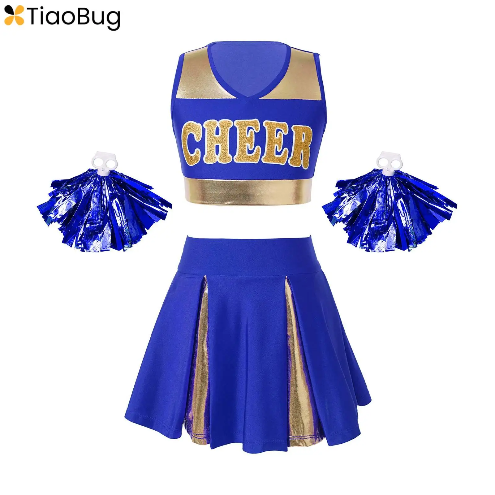 

Kids Girls Cheerleader Costume Cheerleading Team Uniform High School Top with Pleated Skirt Carnival Dance Outfits and Pom Poms