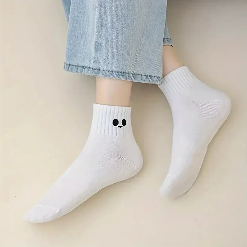 5Pairs Summer Spring Short Sock Women White Kawaii Fun Socks Embroidered Expression Pack Pattern Cotton Middle Tube Sports Sock