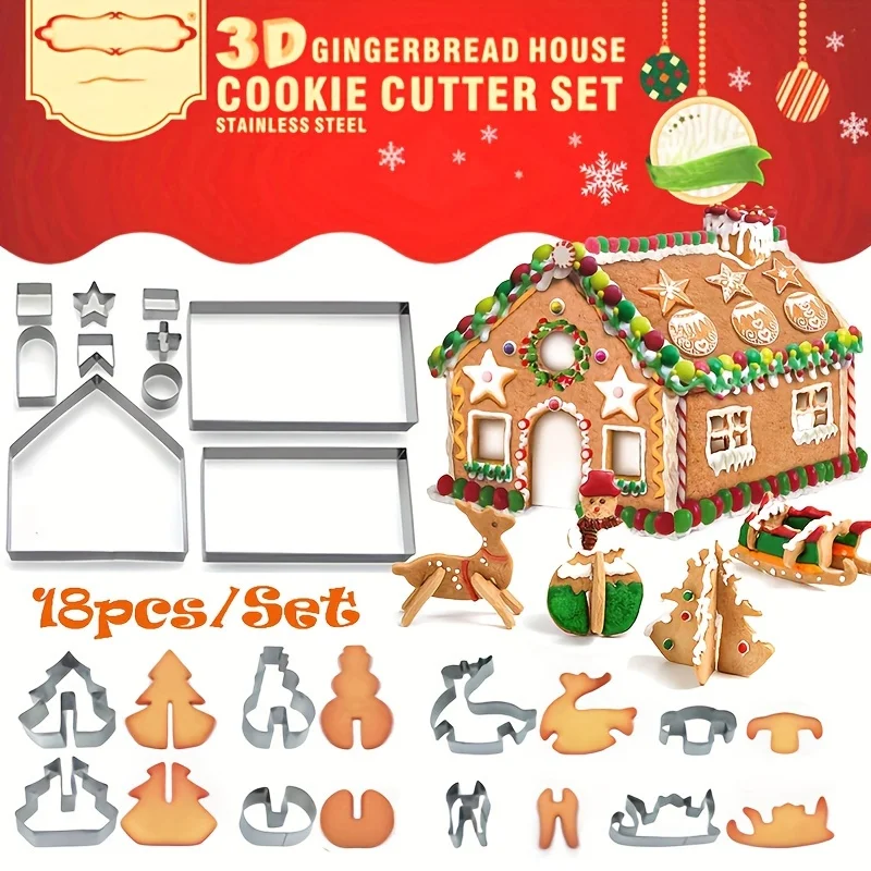 18pcs/set Christmas Gingerbread House Stainless Steel Cookies Cutting Mold Home DIY Christmas Party Baking Accessories
