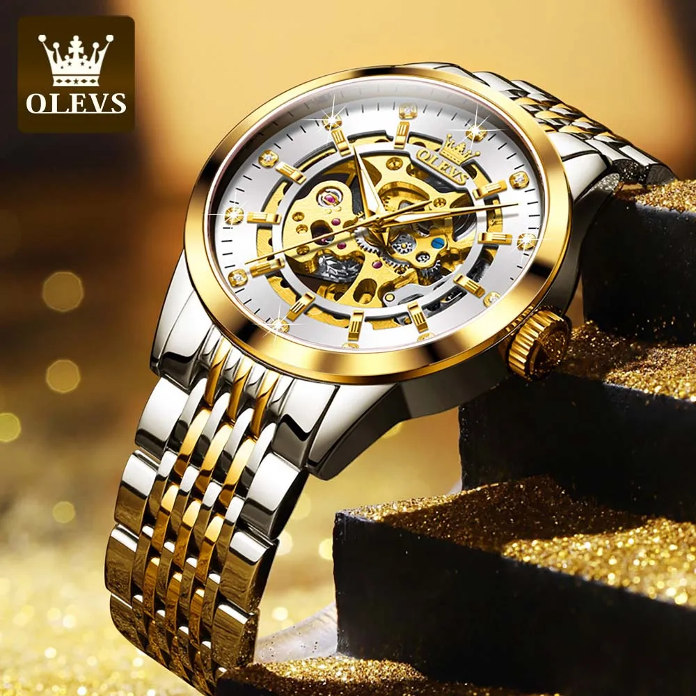 OLEVS Men's Watches Automatic Mechanical Gold Skeleton Wristwatch Waterproof Stainless Steel Luminous Business Watch for Man