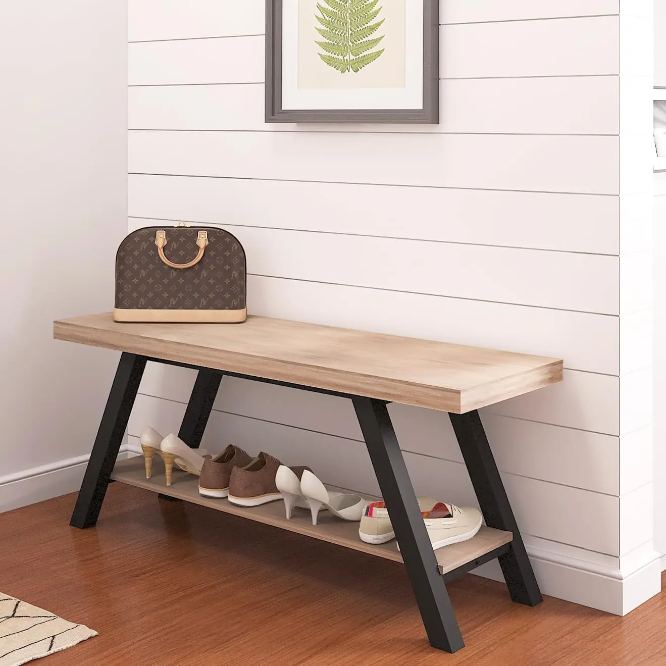 

Shoe Rack Bench, entryway Bench with Shoe , Organizer with 2 Tier ,Wood and Metal Bench, Ideal for Entryway Hallway Living Room