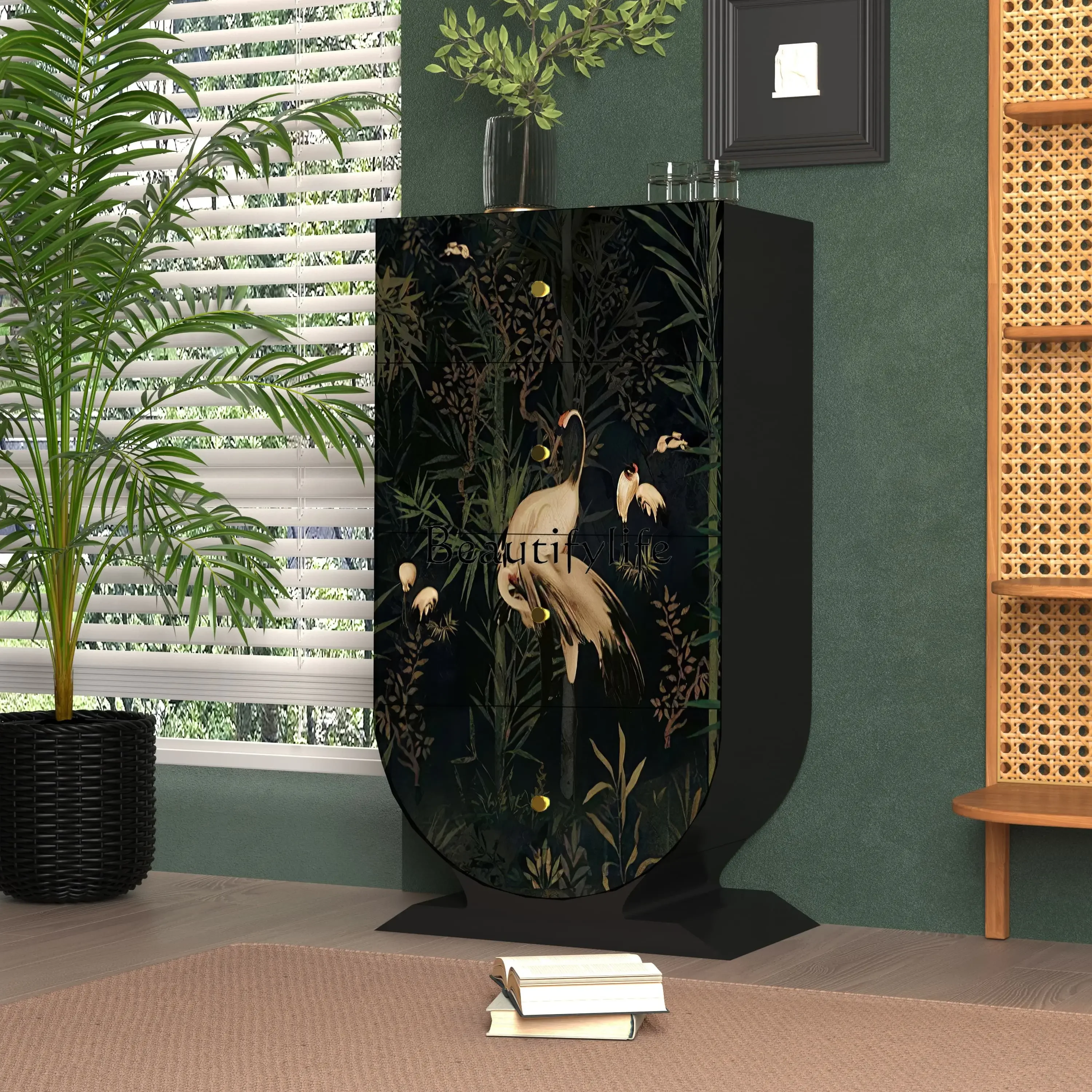 06خزانة من الخشب الصلب المطلي بأربعة صدر، وغرفة معيشة، وإقامة منزلية، وخزانة تخزين مدمجة على الحائط #4