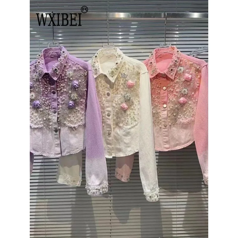 

Женская джинсовая короткая куртка Heavy Industry с цветочным принтом и градиентом, в Корейском стиле, с длинными рукавами