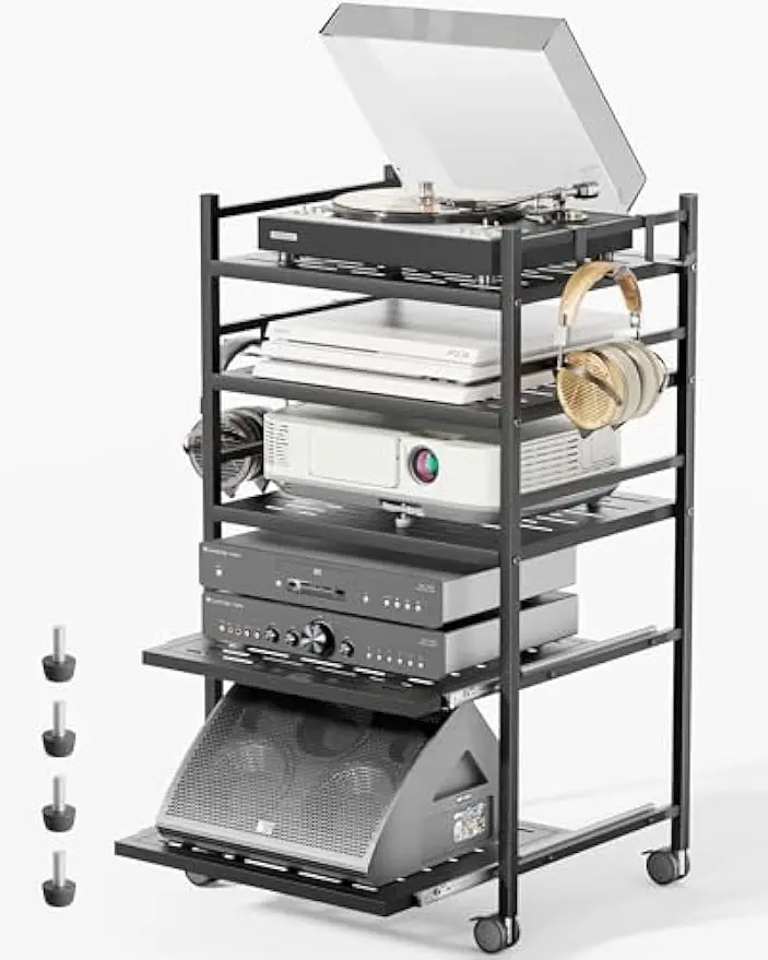 

Аудиоподставка на колесах, 5-уровневый стереошкаф, металлическая полка для игровой консоли с корзиной для хранения и крючками, тележка для медиафонов на колесиках