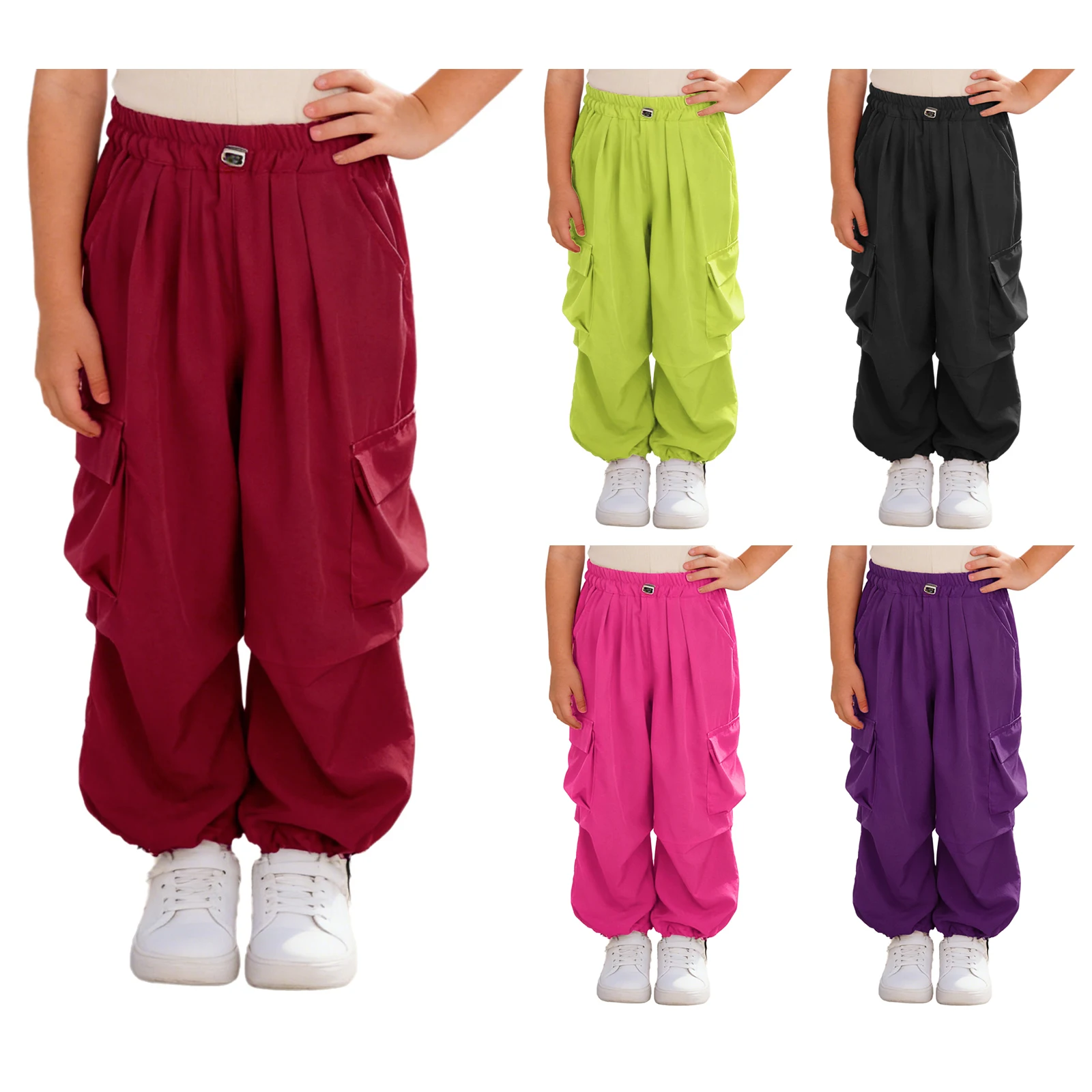 Kids Girl Hip Hop Jazz Dance Skateboarding Costume Drawstring Cargo Sports Workout Pants Stretchy Trousers with Multiple Pockets