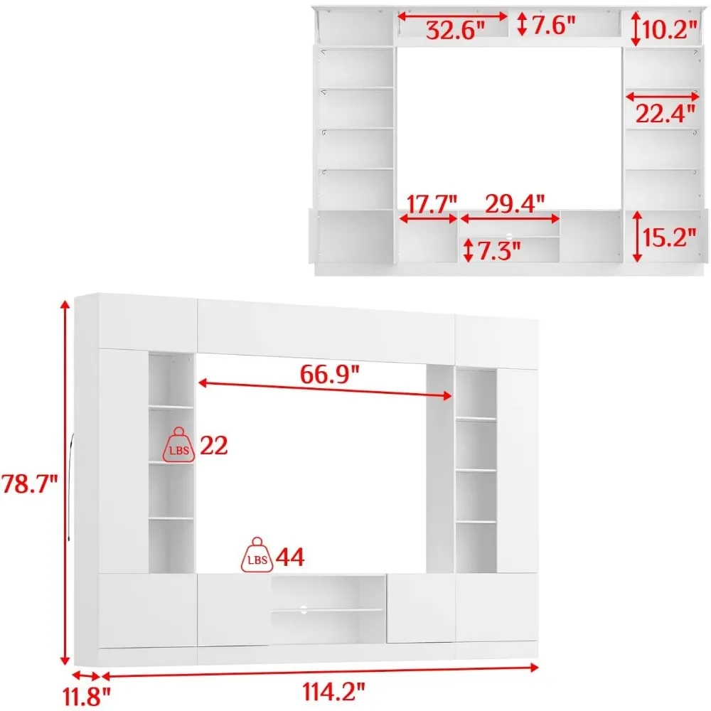 114inch Large Wall Unit Entertainment Center with Bookshelves, Lights and 18 Shelves, Modern net for Living Room & Home Theater