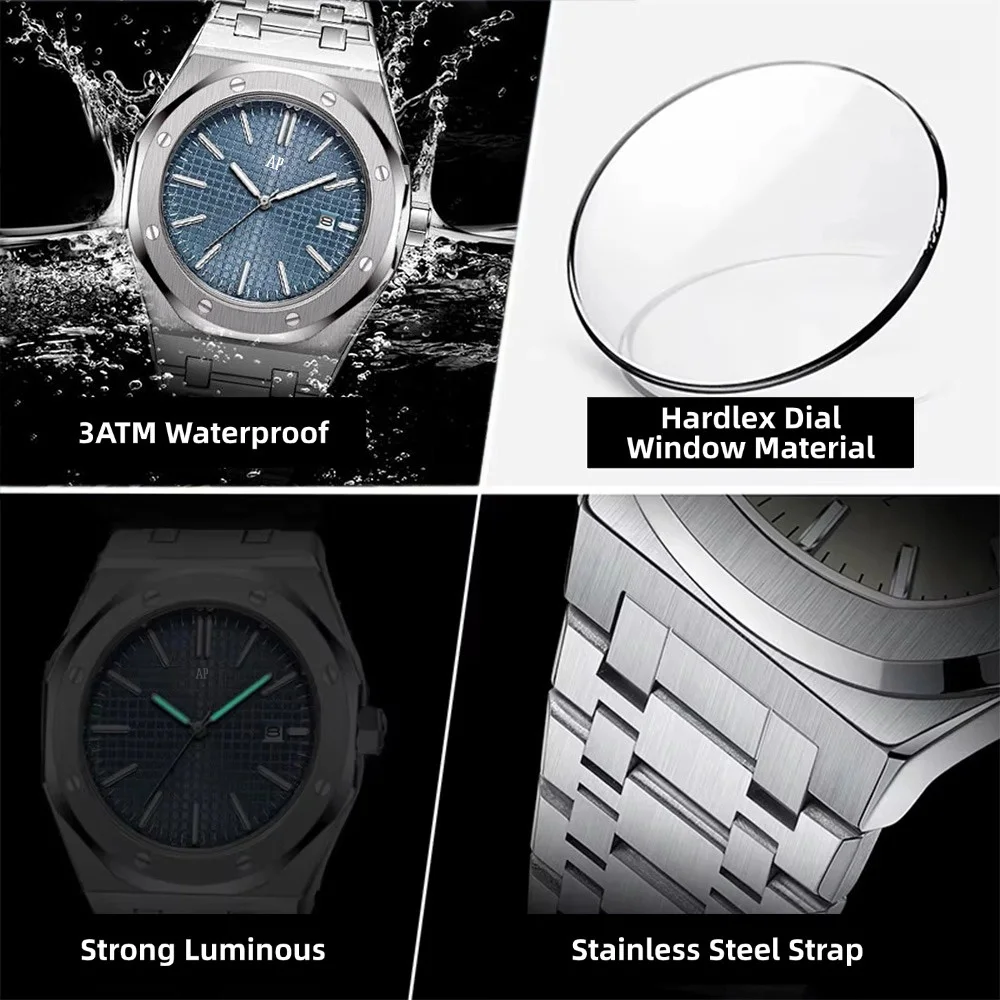 AP العلامة التجارية الفاخرة الكلاسيكية العصرية الرجال ساعة حساسية مقاوم للماء الفولاذ المقاوم للصدأ ساعة اليد مضيئة تاريخ ساعة زجاجية معدنية هدية