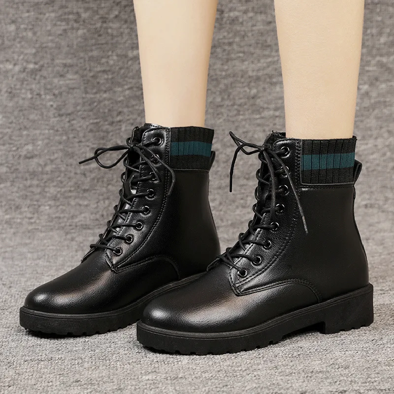 Rock Shoes Woman Lace Up White Ankle Boots Flat Heel Round Toe Winter Footwear Low Autumn 2024 Rubber Black Ladies PU Lace-Up Co