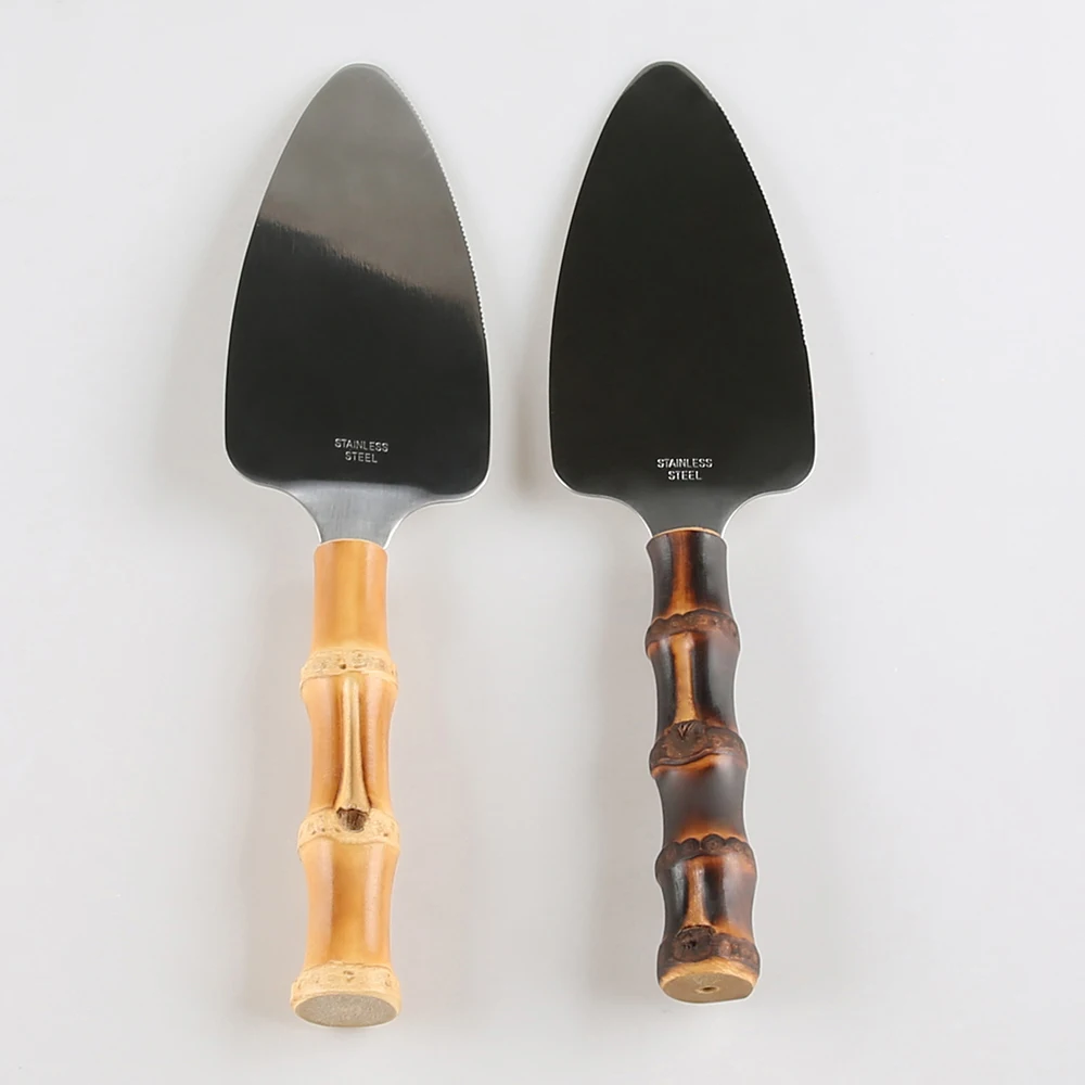 Bamboo Root Handle Stainless Steel Cake Server Serrated Pie Pizza Slice Cutter Spatula for Wedding Birthday Baking Dessert Tool
