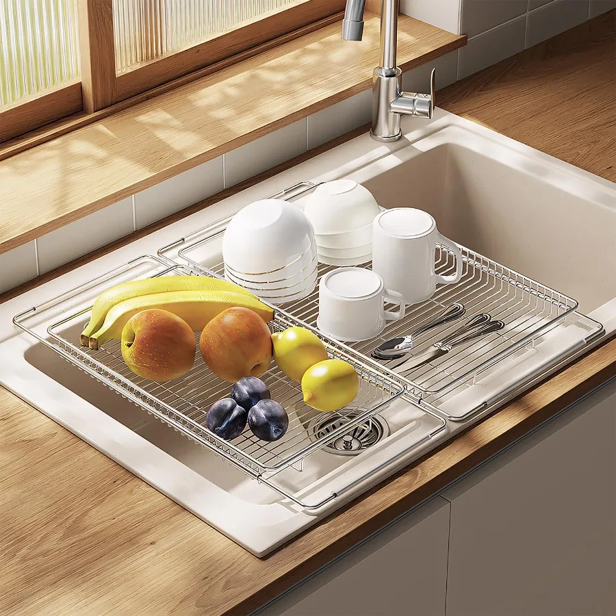 

Stainless Steel Extendable Dish Drying Rack Over Sink Vegetable Fruit Rinse Rack Foldable SpaceSaving Premium 304 Stainless Ste