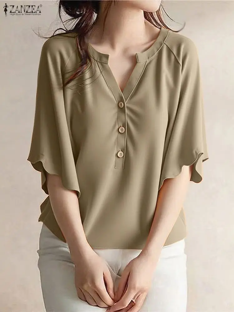 

ZANZEA женская элегантная однотонная блузка 2025 модные повседневные топы с рюшами и половиной рукавов туника свободная рубашка с v-образным вырезом офисные женские корейские Blusa
