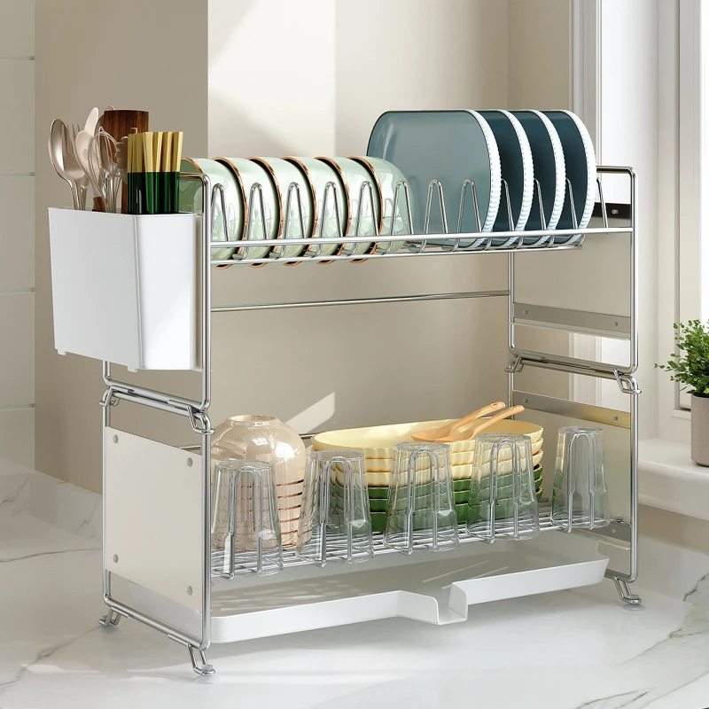 

Stainless steel dish drain rack, stackable tableware rack by kitchen sink, narrow countertop, multi-functional cupboard