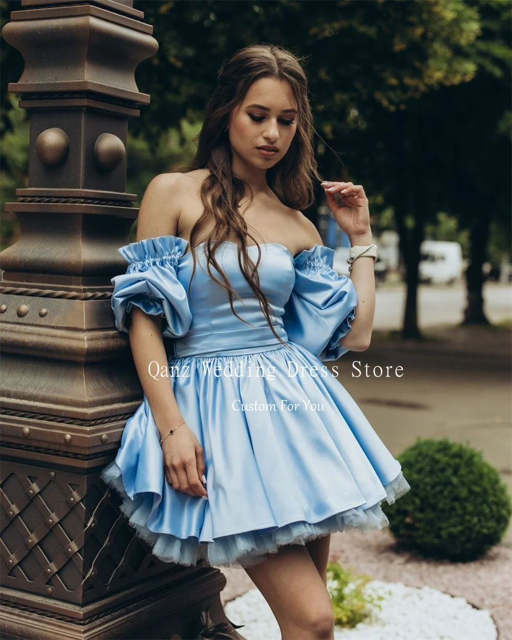 Qanz Customized Blue Vestidos De Fiesta Puff Sleeves Short A Line Lace Up Back Vestidos De Graduación Birthday Party Dresses