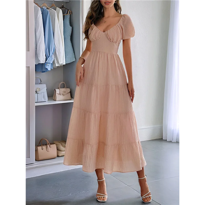 ABRT-Women's Summer Casual Midi Dress Puffy Short Sleeve V-Neck Smocked Tiered Ruffle Dresses