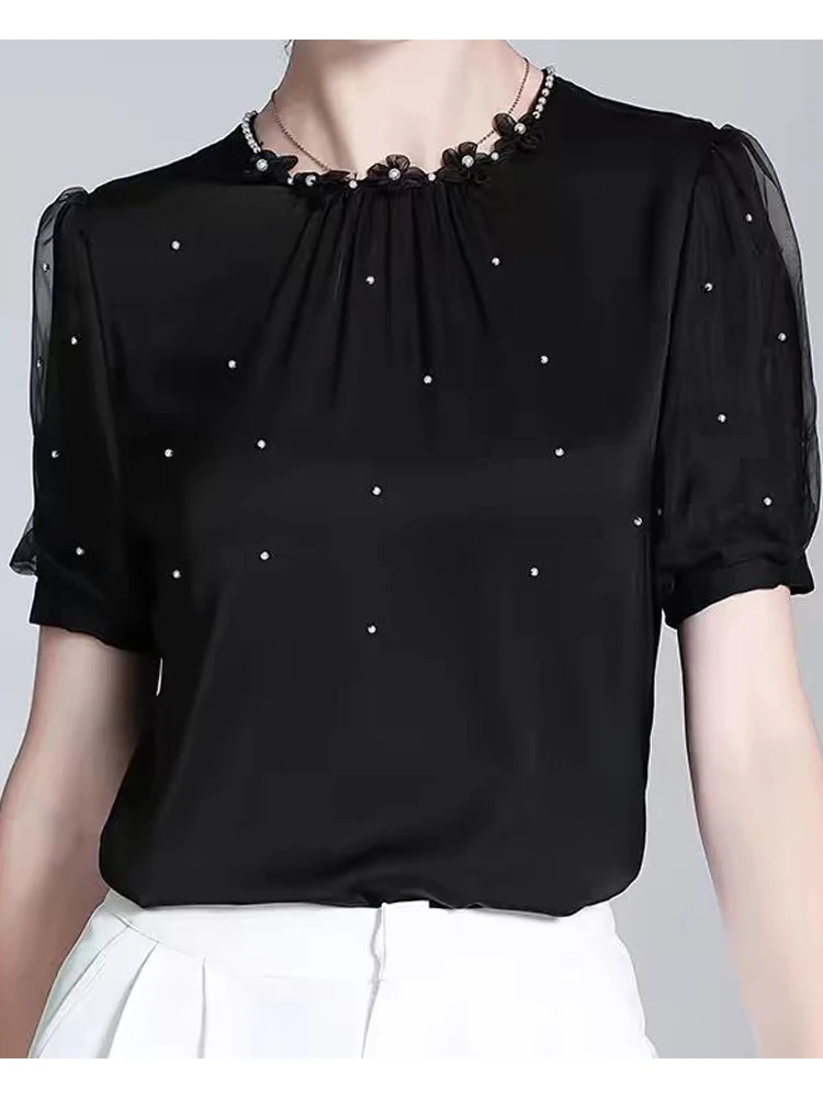 EVNISI Women Black Elegant Bottoming Blouse Round Neck Chic Blouse Office Tops Lantern Sleeve Women Slim Pullover Blouse 2024