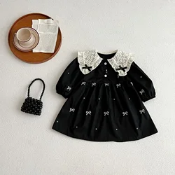 Girls Dress Daily Casual Skirt Dress Outer Wear Sweet and Cute Black Skirt with White Print and Bow Short Sleeve Girls Outfit