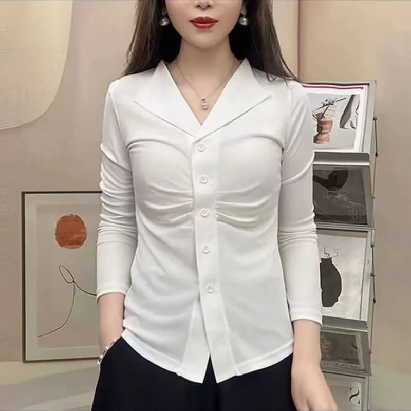 

Модный дизайн, футболка с длинными рукавами для женщин, весна и осень, новый стиль, плиссированная универсальная рубашка