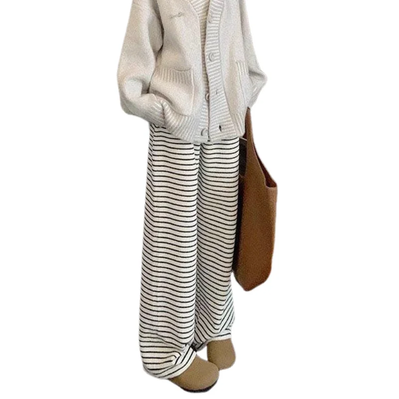 

Женские дышащие винтажные джинсовые брюки из мягкого денима на зиму и осень, черно-белые в полоску, с высокой талией, повседневные, на флисе, утепленные, широкие штанины
