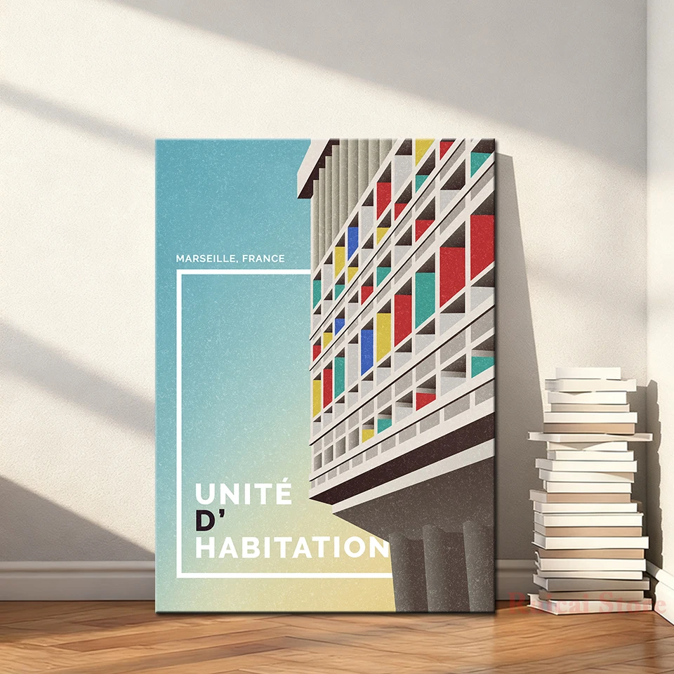 Póster de Lona de la Unidad de Vivienda de Marsella de Le Corbusier, Impresión de Arquitectura Moderna, Pintura Minimalista de Edificios