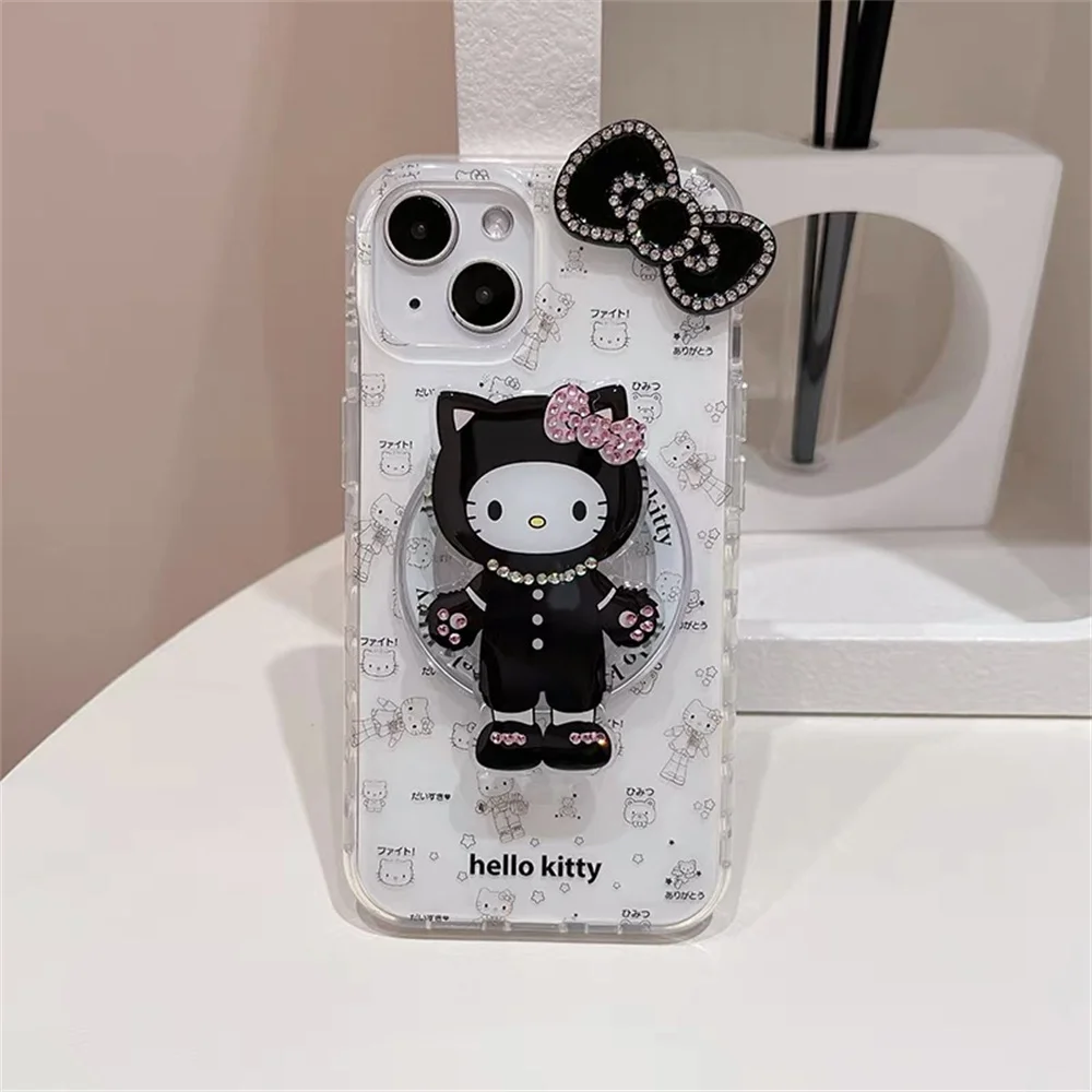 

New HelloKitty INS Korean Cute Luxury Stylish Shockproof Phone Case For iPhone 16 15 14 13 Pro Max Magnetic Stand Cover Funda
