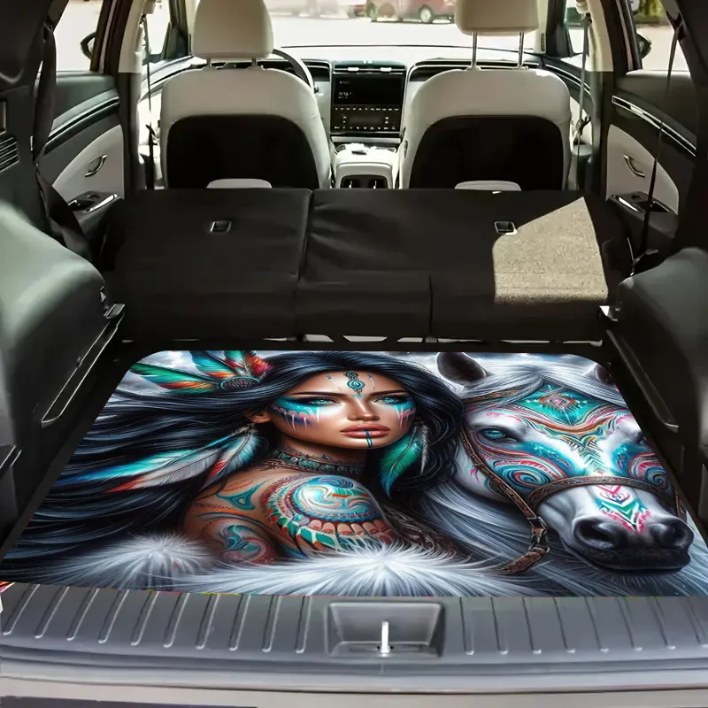 One Dreamy Indian Girl And Wolf Print Polyester Car Trunk Mat - Soft, Durable, Non-Slip, Machine Washable Cargo Liner For SUVs A