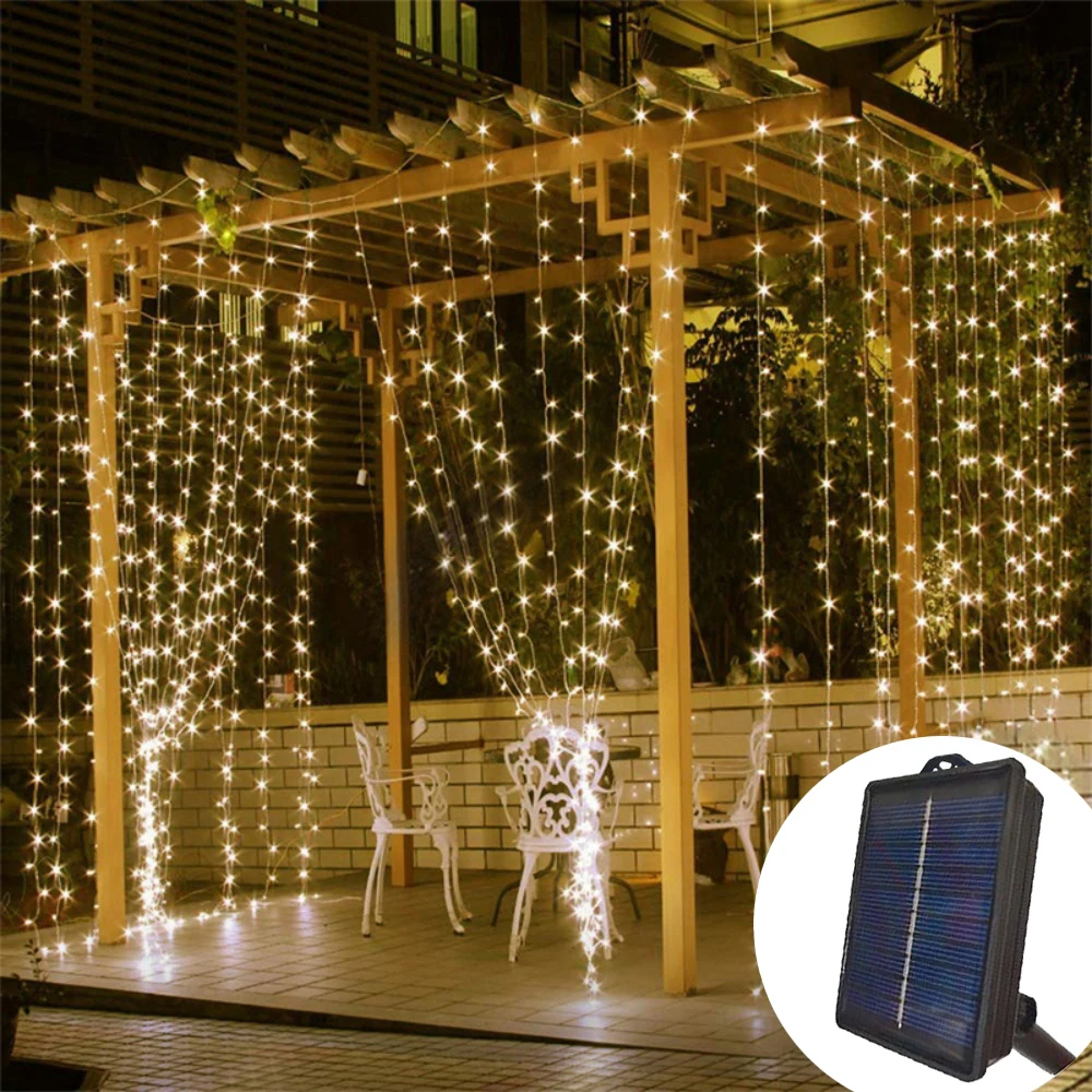 

Festoon LED Solar Power Curtain Light String Outdoor Wedding Party Garland EID Mubarak Garden Ramadan Festival Room Decoration