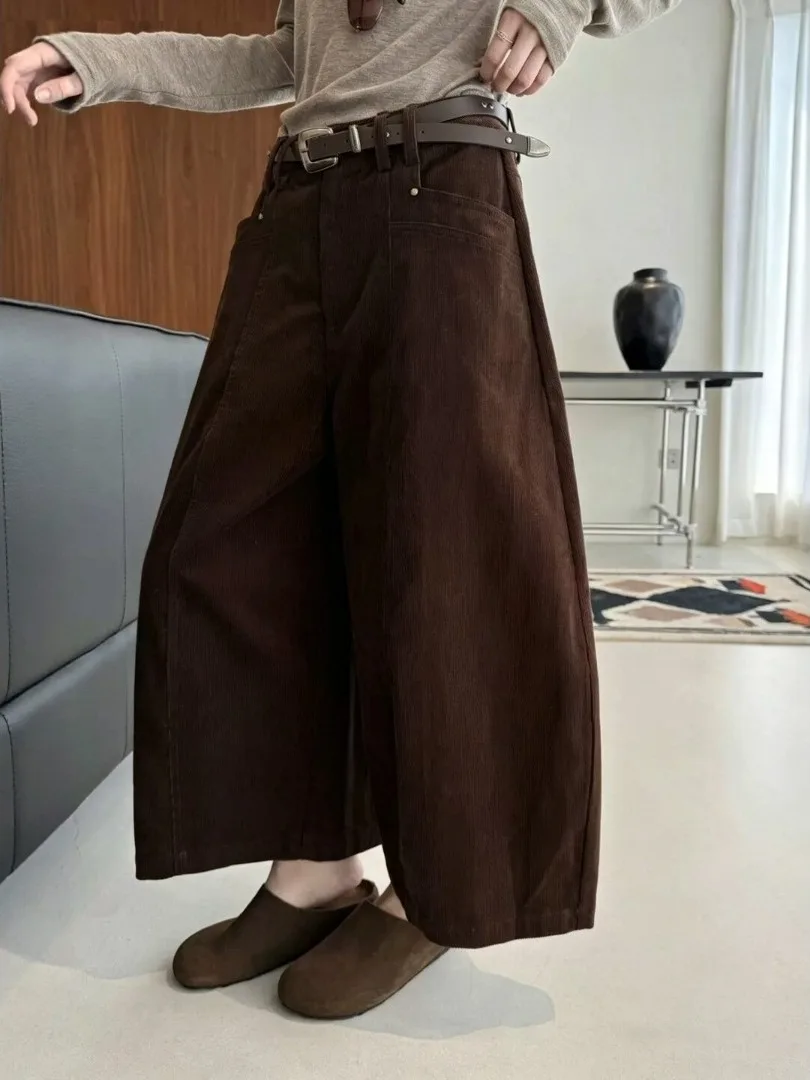 Authentic Vintage High Waist Corduroy Wide Leg Casual Pants Loose Slimming Style for Women Cotton Polyester Blend Fabric