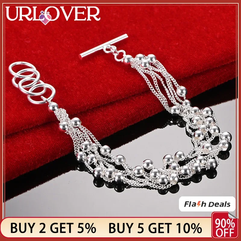 

URLOVER 925 Sterling Silver Multi Chain Smooth Bead Bracelets For Woman Engagement Wedding Accessories Party Fashion Jewelry