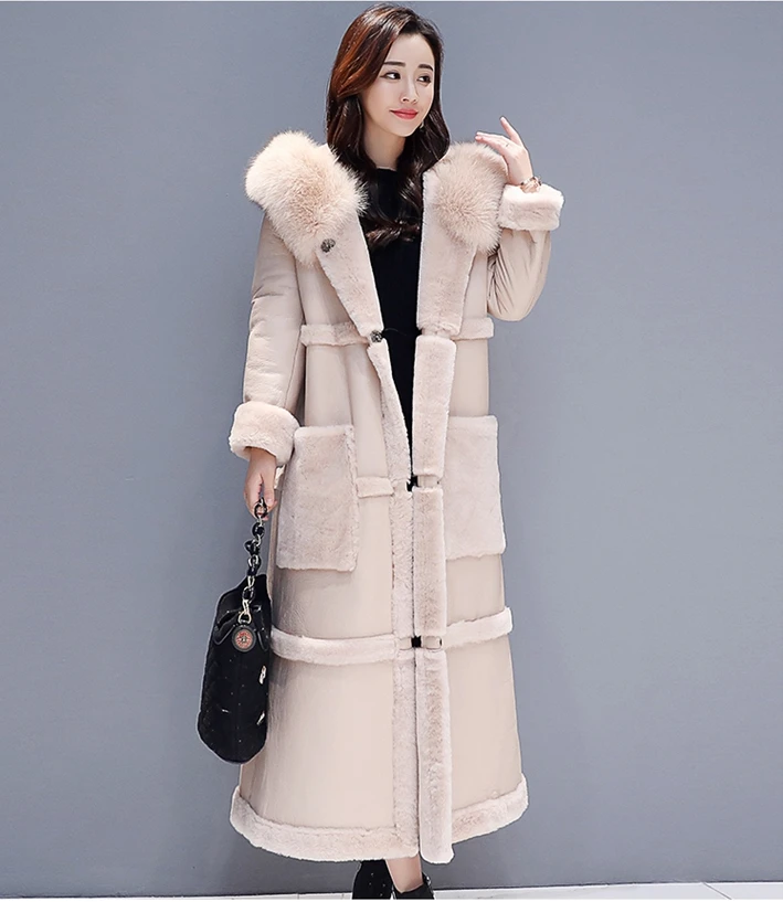 Large Size Winter Lambswool Jacket Coat Women Long Faux Leather Jacket Female Thicken Warm Overcoat Womens Hooded Faux Fur Coats