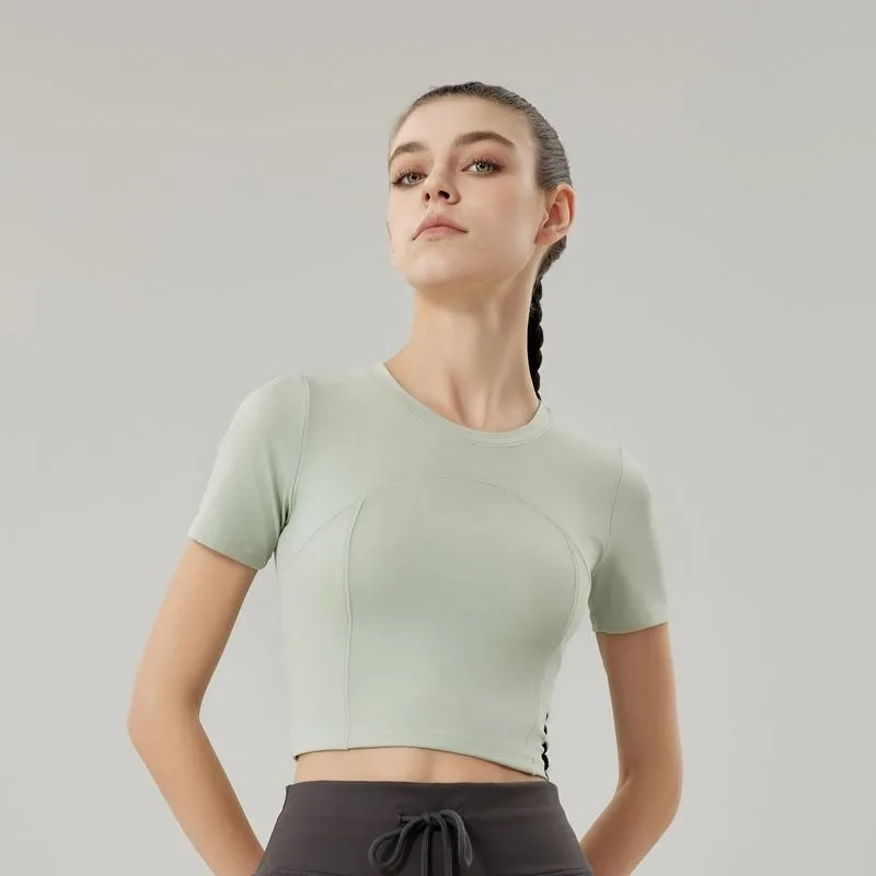 Women's Short Sleeve Cropped Sports Top with Built-in Bra Slim Fit Workout T-shirt for Yoga Gym