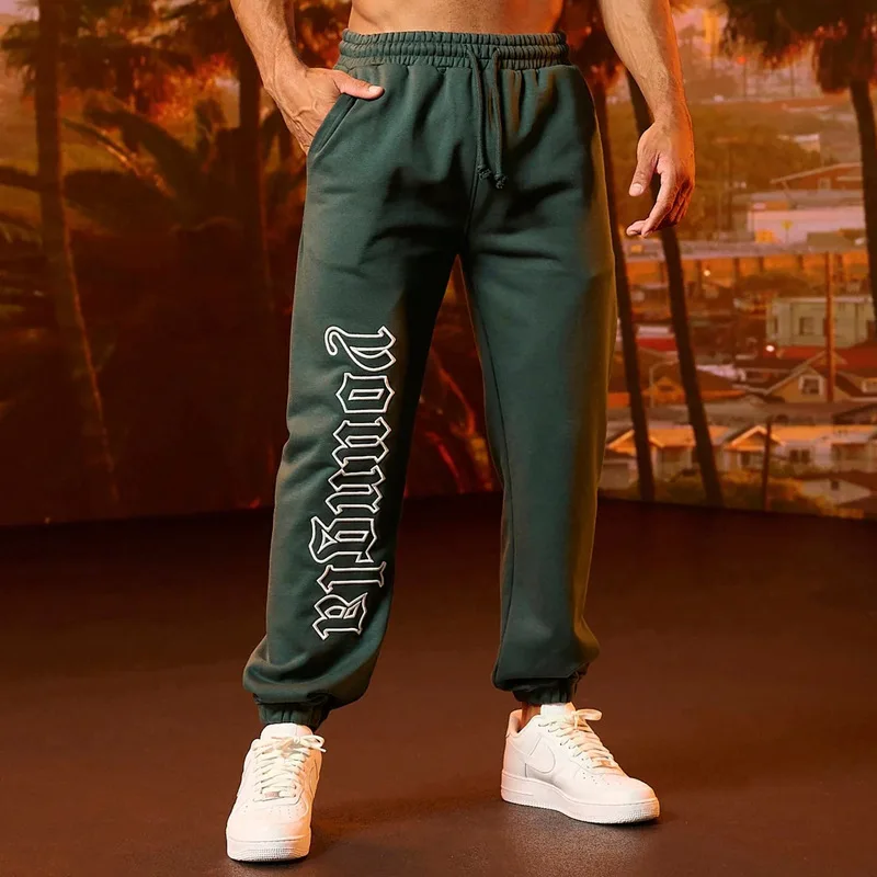 American men's sweatpants, high weight, terry, cotton, simple embroidery trousers, sports and fitness slacks, loose leggings