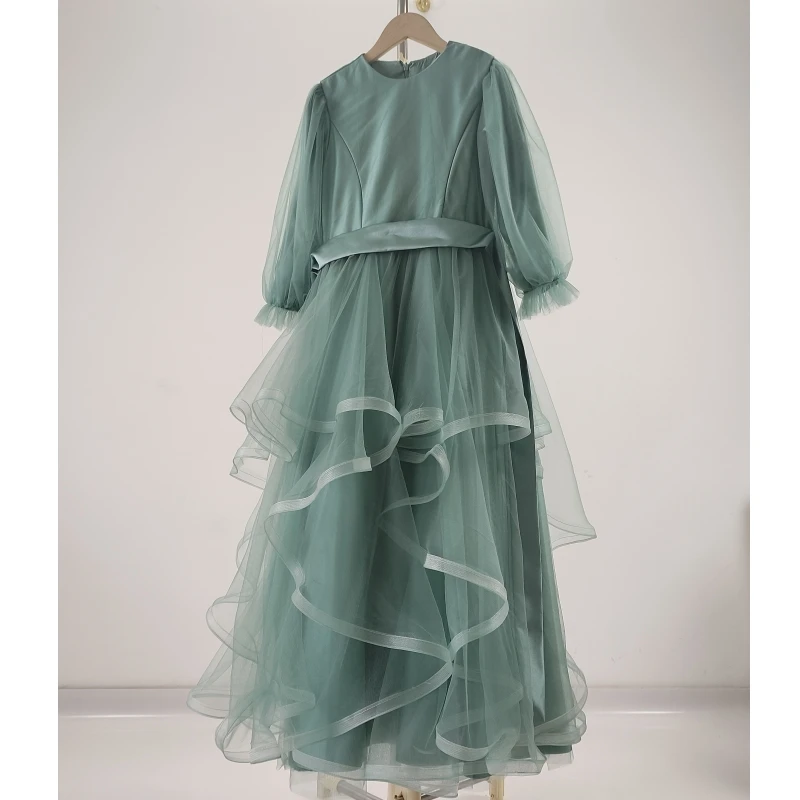 

Real Photo Flower Girl Dresses Green Tulle Modest O-neck Full Sleeves Zipper A-line Floor Length Kids Gown Customization MT007