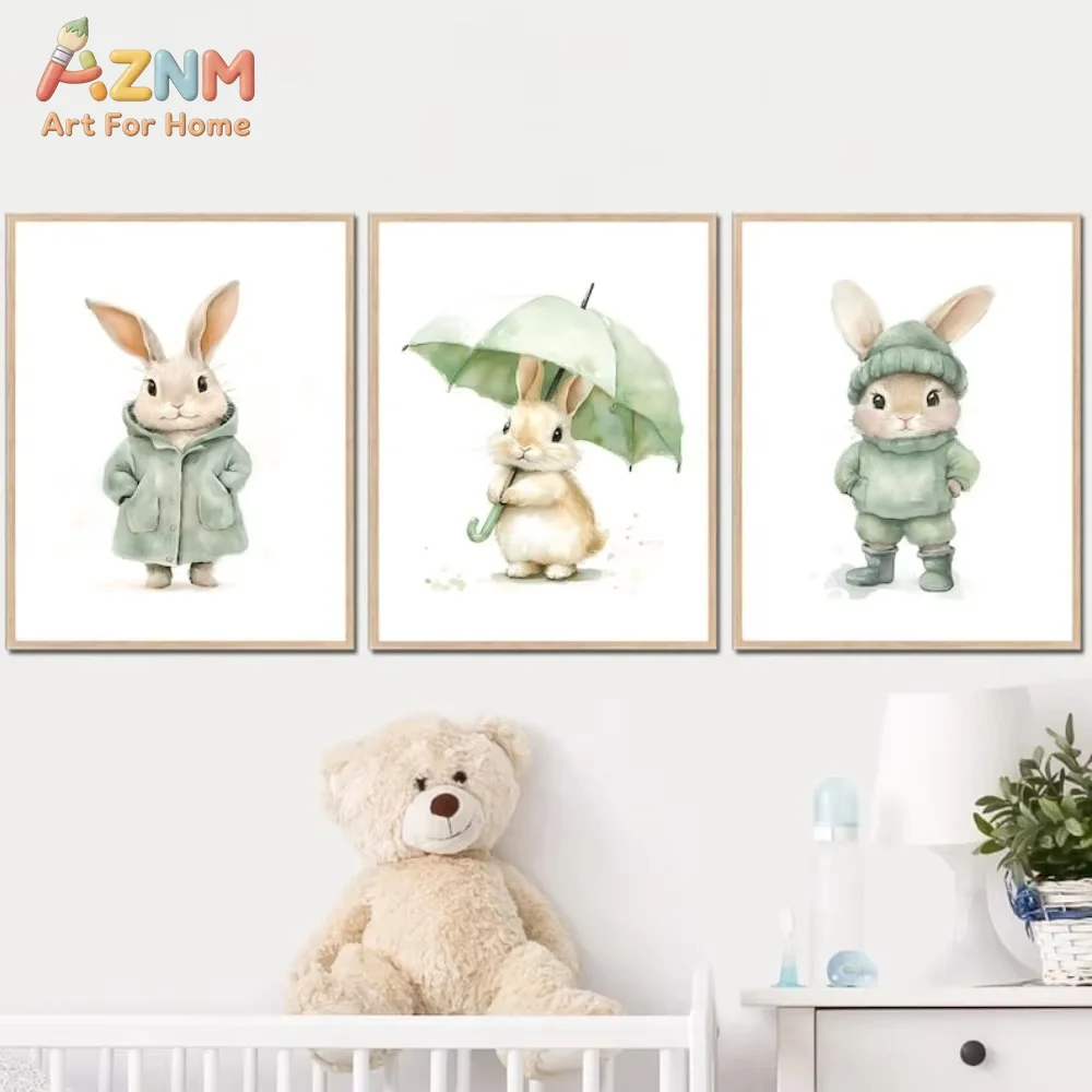 AZNM Watercolor Cute Bunny With Green Outfit Umbrella Canvas Wall Art Frameless Print, Animal Poster, Nursery Kids Bedroom Decor
