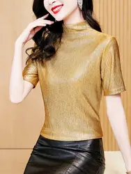 2024 New Arrival Female T-shirt Spring Summer Fashion Half-turtleneck Solid Woman M-3XL Bright Silk Short Sleeves Slim Fit