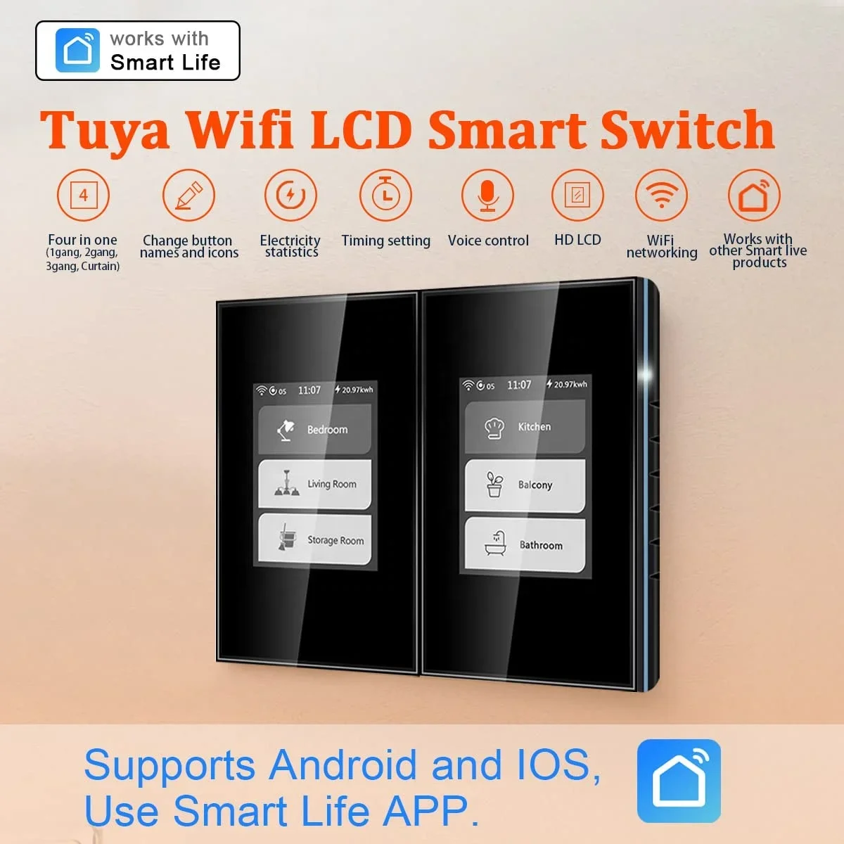 Smart tuya wall switch 3 gang remote control LCD Smart Light Switch Work with Tuya Smart Life Supports Alexa&Google Home&IFTTT