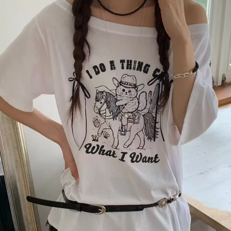 

Casual Loose ort Sve T-irt Women's Side oulder Cartoon Print Summer Cotton round Ne Top Faionable Trendy Sle