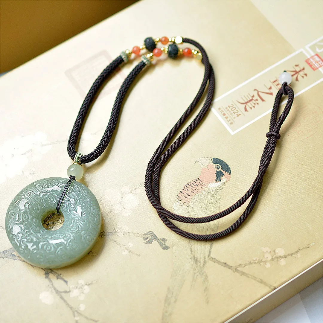 upscale Boutique Hotan Jade Pattern Peace Buckle Male and Female Pendant Necklace Amulet Peace Charm jade pendant necklace