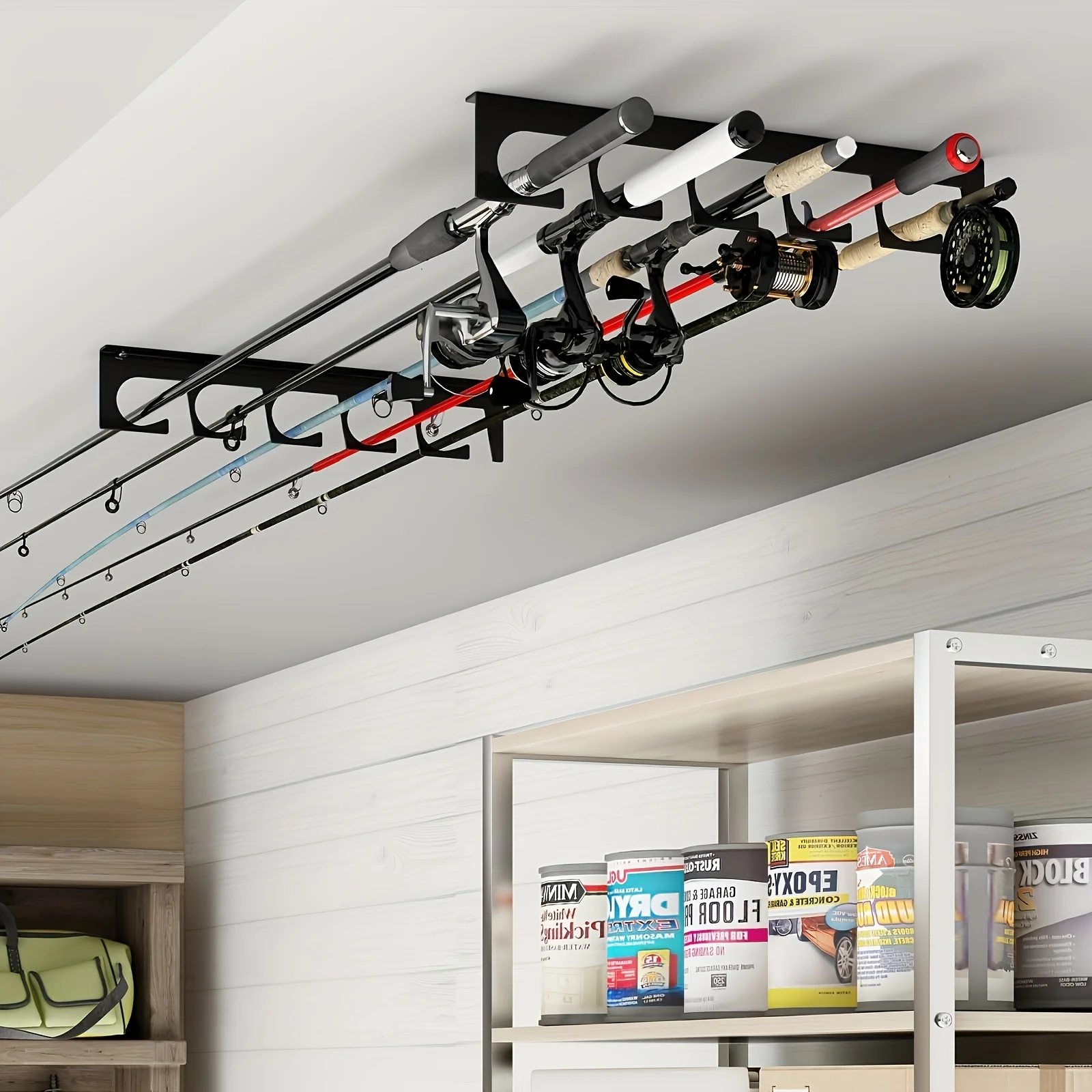 ceiling fishing tackle box shelf Magnum Top Gray Ceiling Mount Solid Mahogany Fishing Rod Rack Ceiling Mount Rod Rack One unit purchased includes the two pieces necessary for hanging fishing rods from the ceiling Homydom Fishing Rod Ceiling/Wall Storage